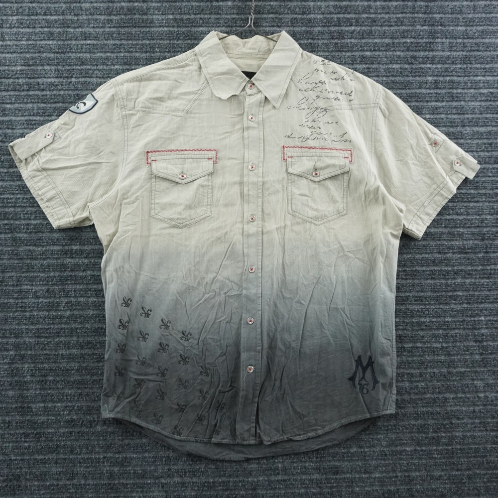 M76 Clothing Co Button Down Shirt Mens XL Tan Grey Ombre Graphic Western Y2K